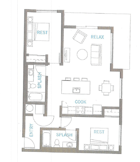 Floor plan for 2 beds, 2 baths, 1015 sqft